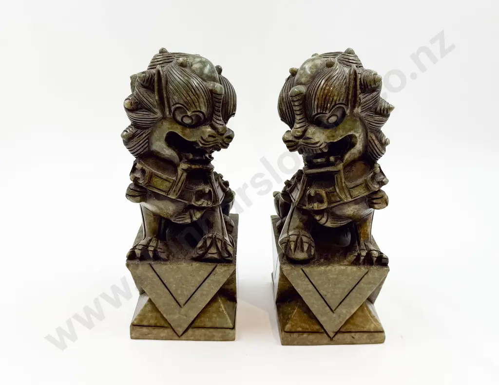 Pair Chinese Carved Soapstone Foo Dogs Image 1++