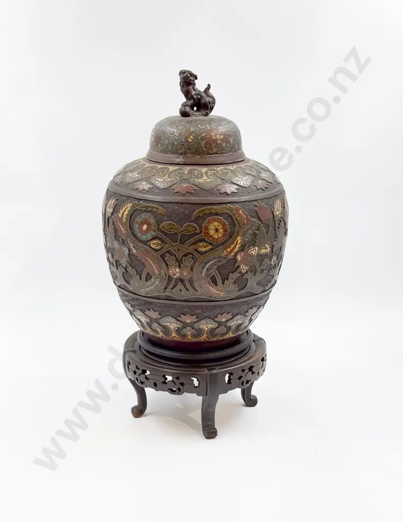 Antique Champleve Enamel Urn & Cover Image 1++
