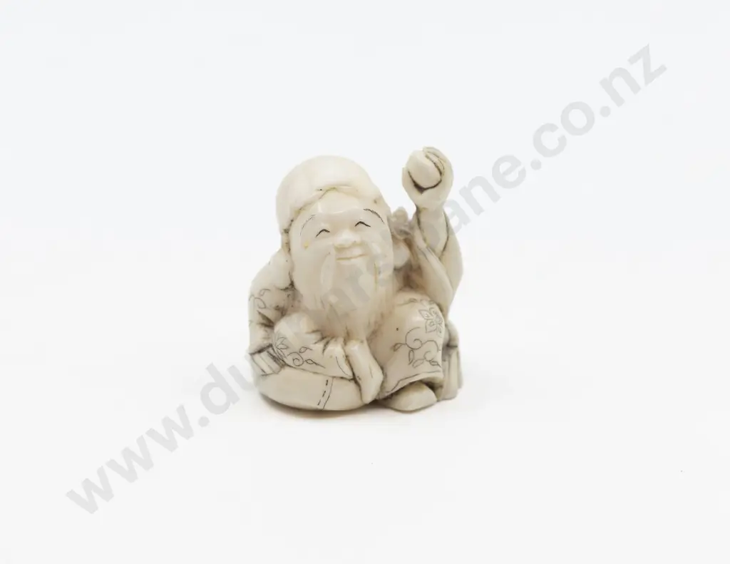Signed Carved Ivory Netsuke of Seated Immortal Image 1++