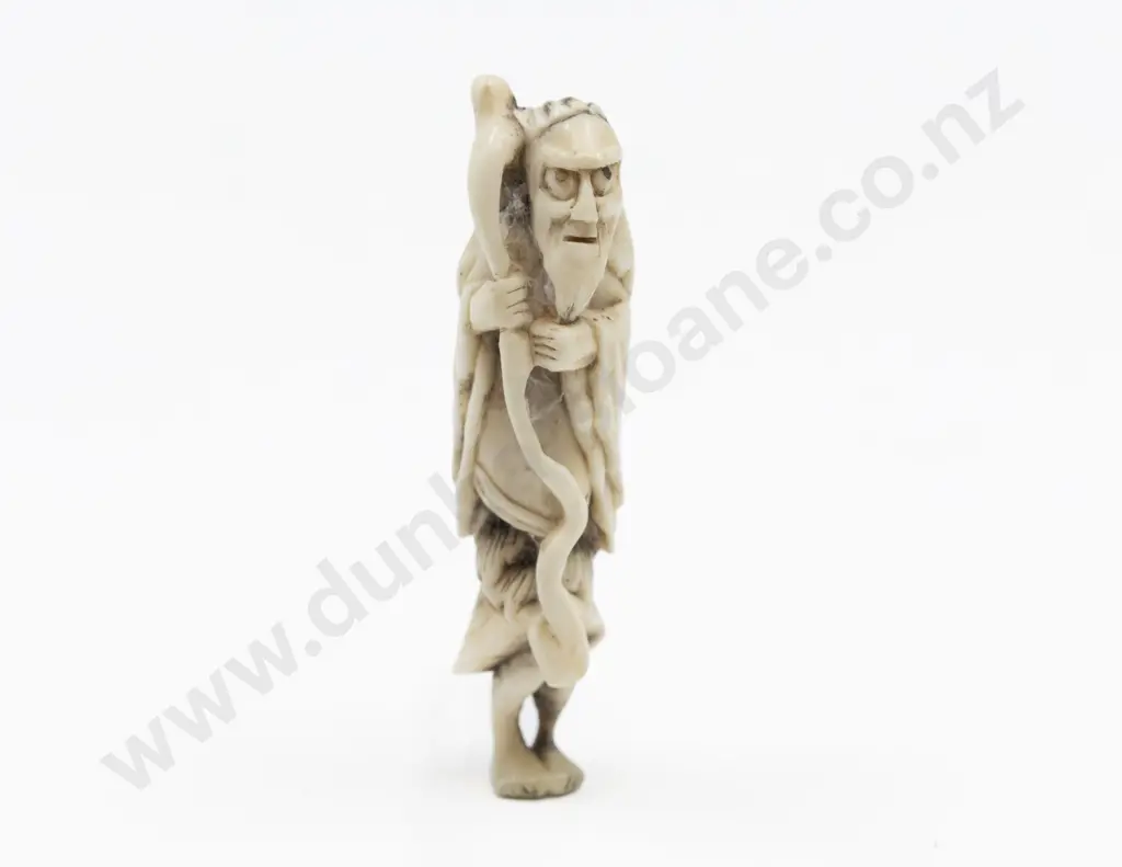 Signed Carved Ivory Netsuke of an Old Sage Image 1++