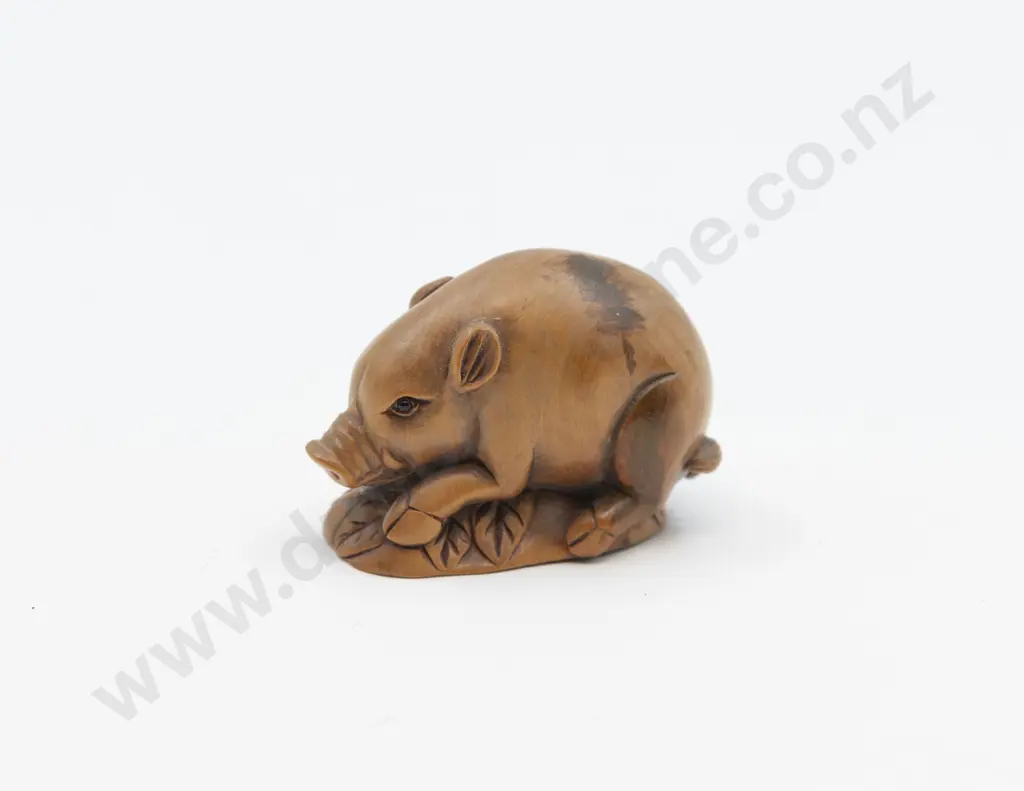 Signed Carved Fruitwood Netsuke of a Boar Image 1++