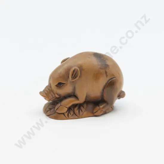 Signed Carved Fruitwood Netsuke of a Boar