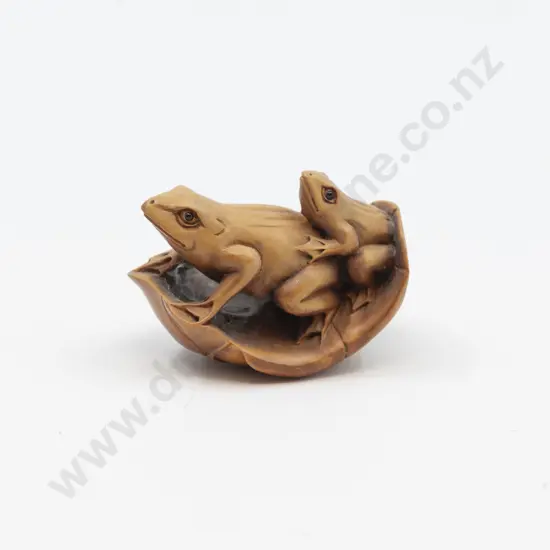 Signed Carved Fruitwood Netsuke of Two Toads