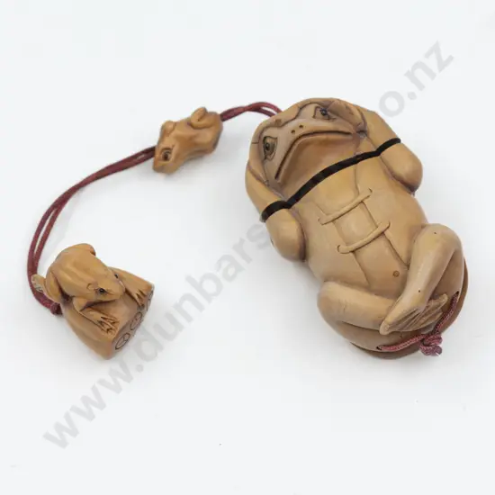 Signed Carved Fruitwood Inro as a Toad With Netsuke & Bead