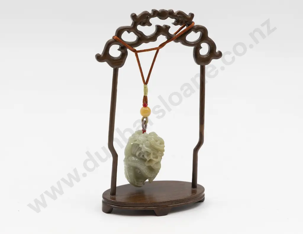 Carved Hardstone Handling Piece of Dragon Grasping Peanut on Hanging Stand Image 1++