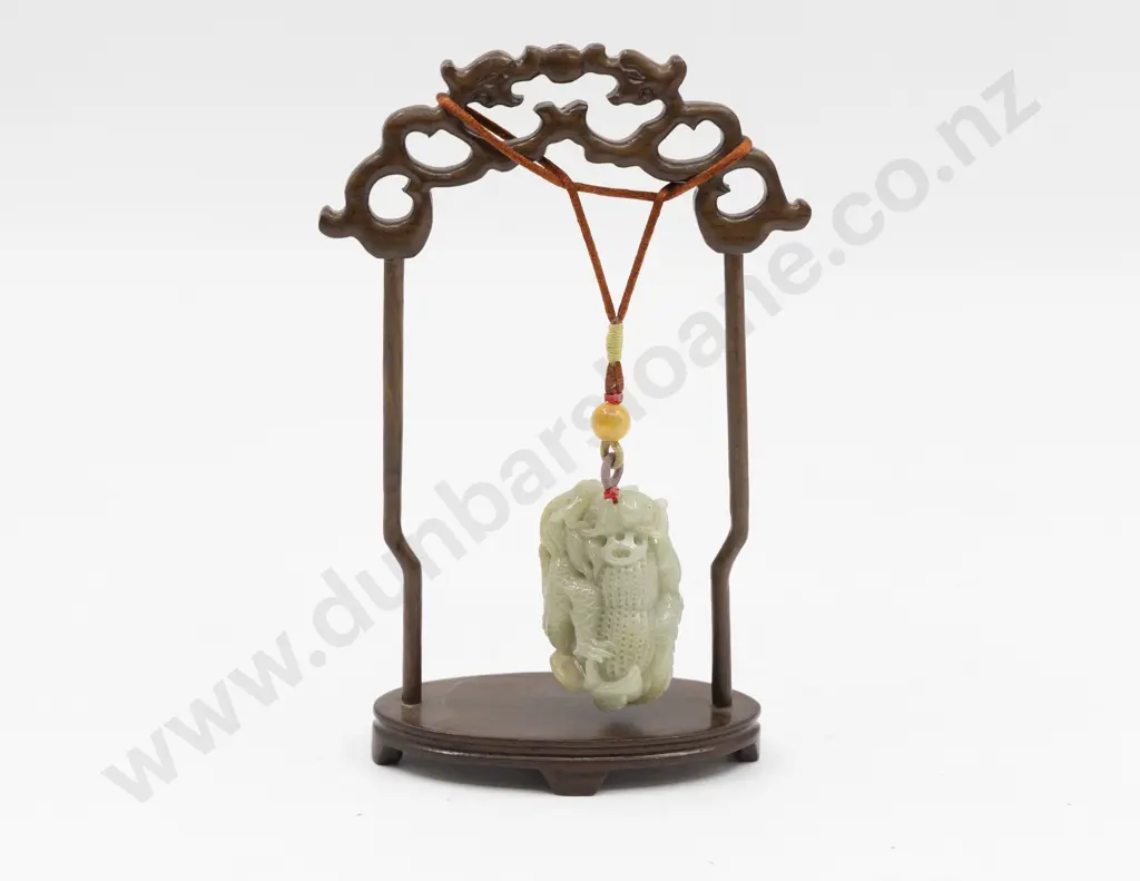 Carved Hardstone Handling Piece of Dragon Grasping Peanut on Hanging Stand Image 1++