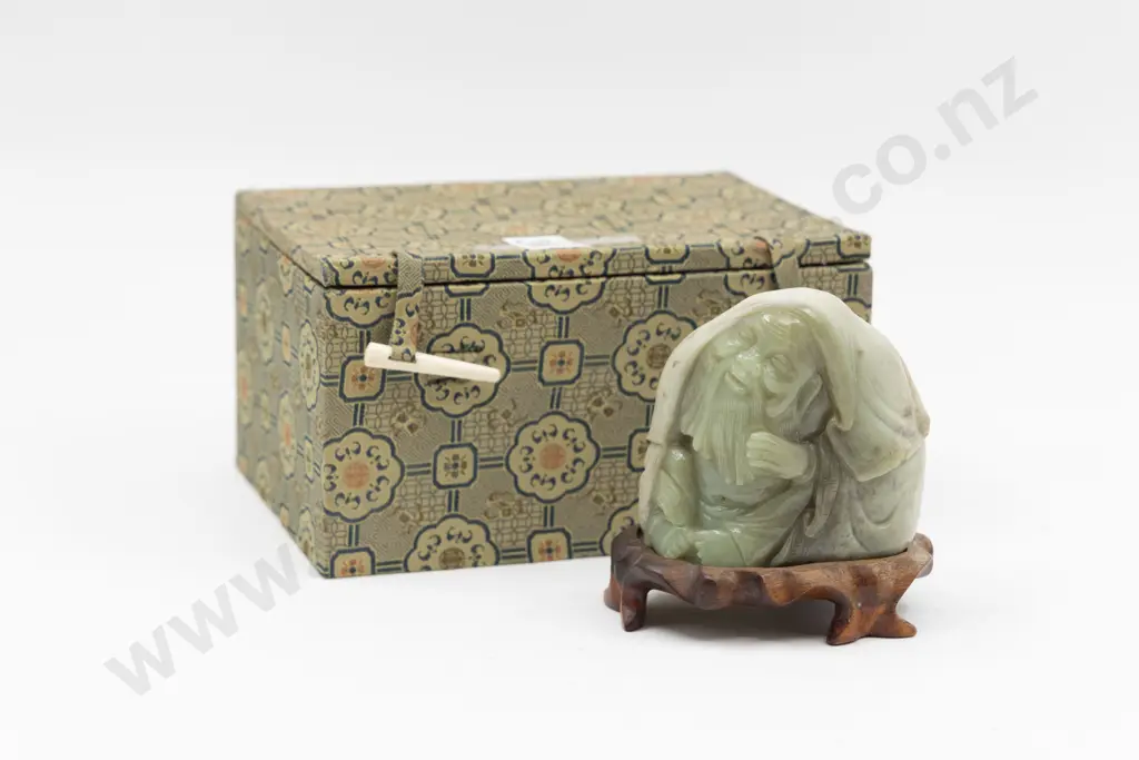 Chinese Carved Jade Seated Immortal With Stand Image 1++