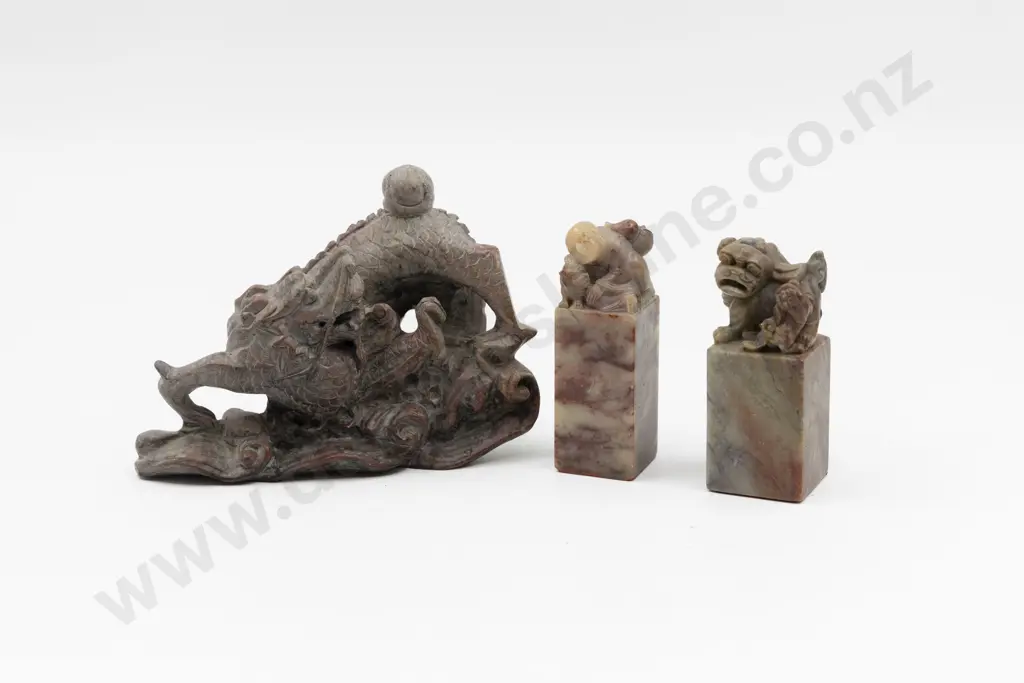 Chinese Carved Soapstone Dragon & Two Seal Chops Image 1++