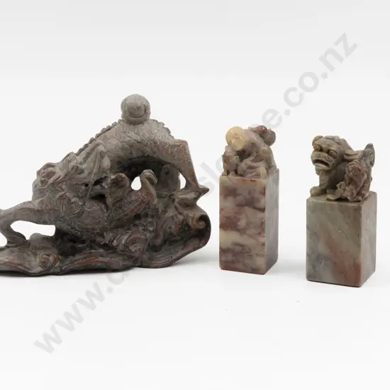 Chinese Carved Soapstone Dragon & Two Seal Chops
