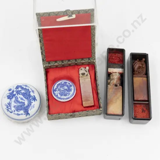 Three Boxed Carved Soapstone Seal Chops With Two Seal Wax Pots