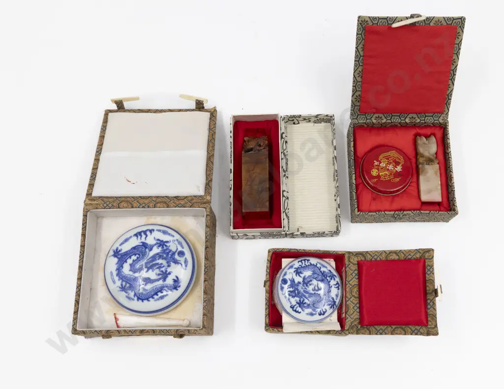 Two Carved Soapstone Seal Chops With Two Porcelain Seal Boxes & Tin Image 1++