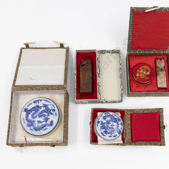 Two Carved Soapstone Seal Chops With Two Porcelain Seal Boxes & Tin