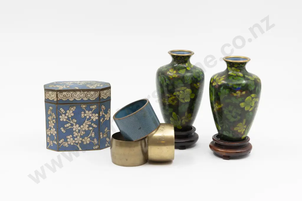 Boxed Pair Cloisonne Vases Miniature Caddy & Three Napkin Rings Image 1++