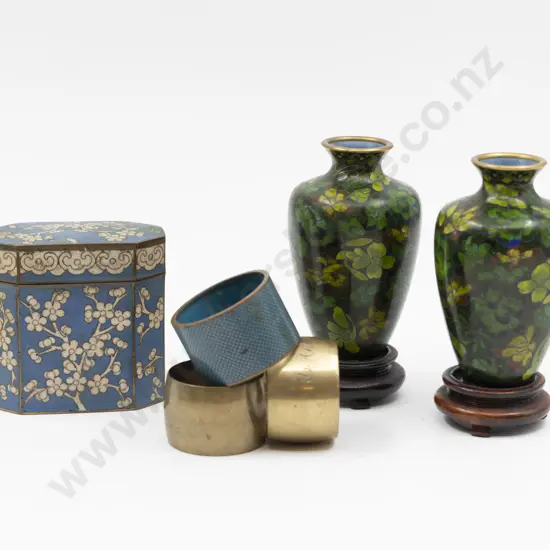 Boxed Pair Cloisonne Vases Miniature Caddy & Three Napkin Rings