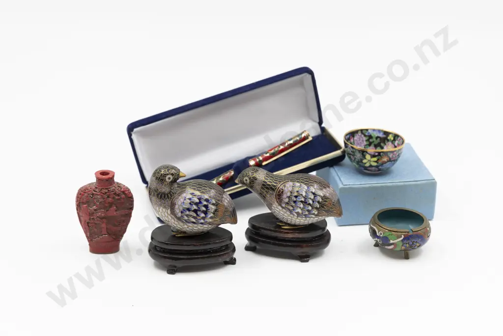 Pair Cloisonne Quail Miniature Dish Porcelain Dish & Others Image 1++
