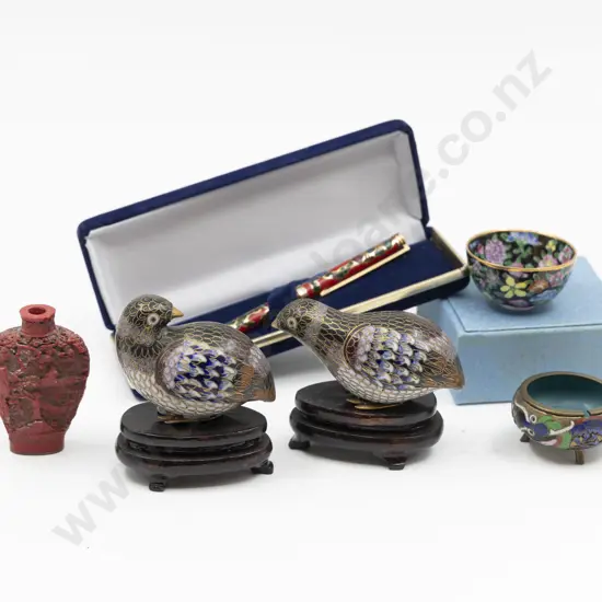 Pair Cloisonne Quail Miniature Dish Porcelain Dish & Others