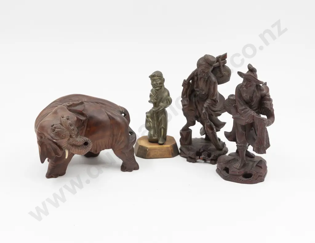 Three Chinese Hardwood Carvings & Brass Figure Image 1++
