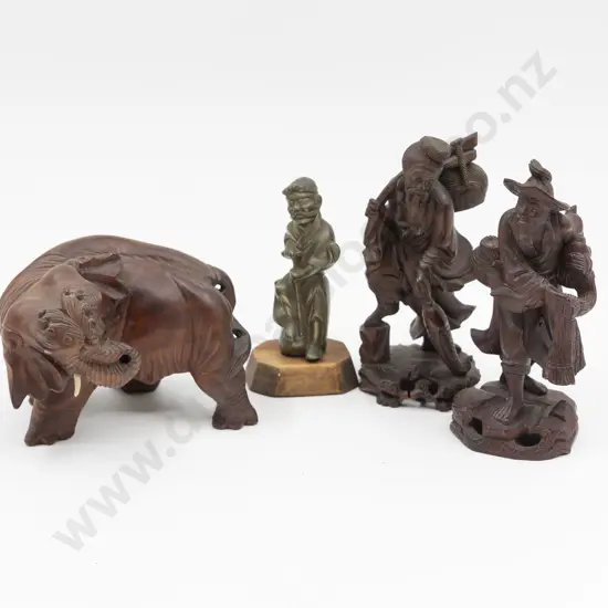 Three Chinese Hardwood Carvings & Brass Figure
