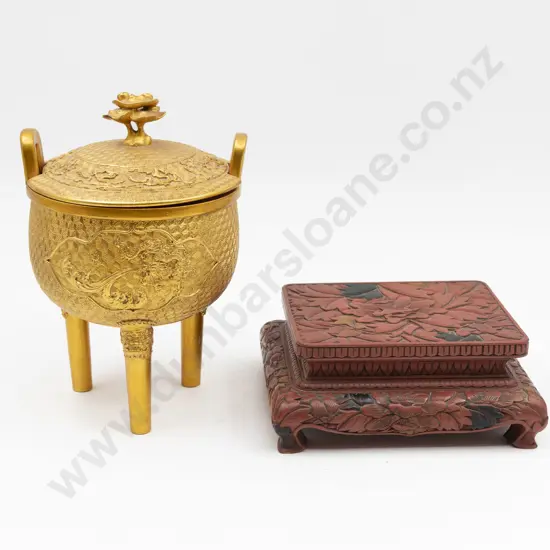 Cinnabar Lacquer Stand With Secret Compartment & Gold Lacquered Lidded Koro