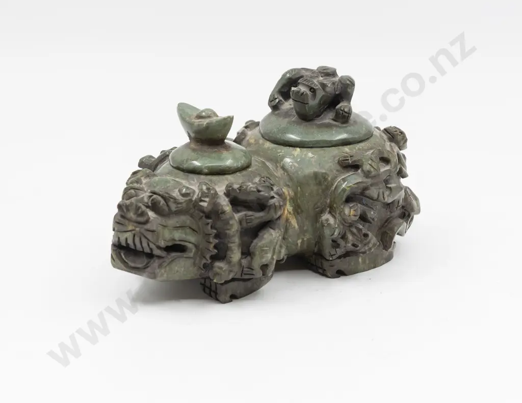Chinese Carved Soapstone Foo Dog & Dragon Double Censor Image 1++