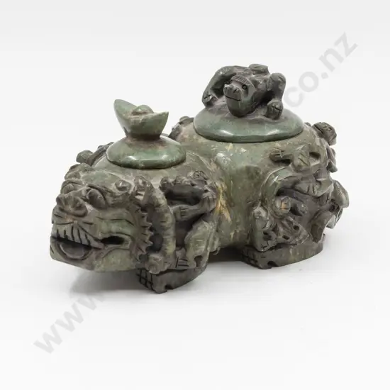 Chinese Carved Soapstone Foo Dog & Dragon Double Censor