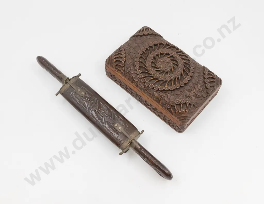 Asian Ornately Carved Cigar Box & Cojoined Knife & Fork Image 1++