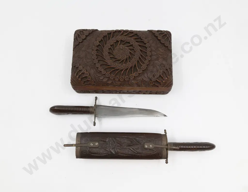 Asian Ornately Carved Cigar Box & Cojoined Knife & Fork Image 1++