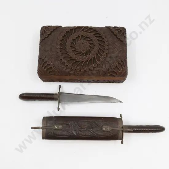 Asian Ornately Carved Cigar Box & Cojoined Knife & Fork