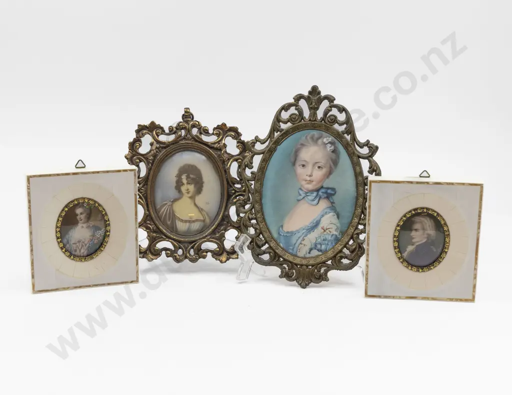 Pair C20th Piano Ket Portrait Miniatures with Other and Silk Portrait Image 1++
