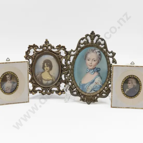 Pair C20th Piano Ket Portrait Miniatures with Other and Silk Portrait