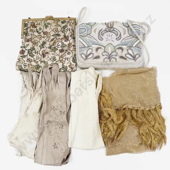 All Beaded Evening Purse with Shawl Vintage Evening Cloth Purse and Three Pair Gloves