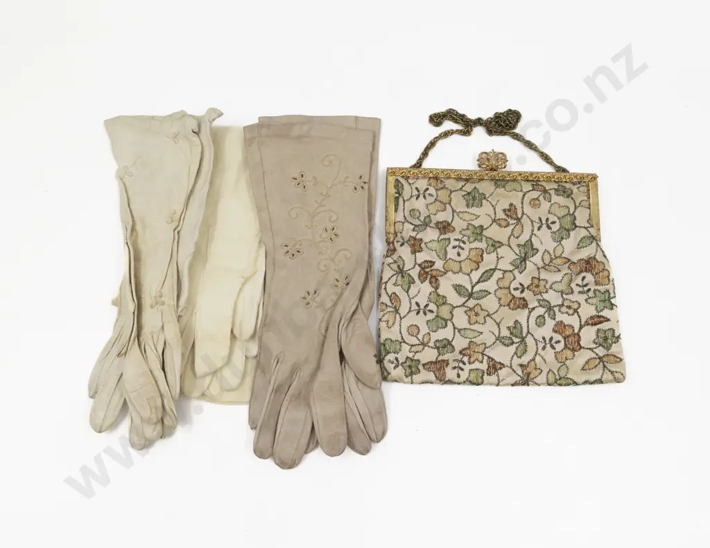 Vintage Evening Cloth Purse and Three Pair Gloves Image 1++