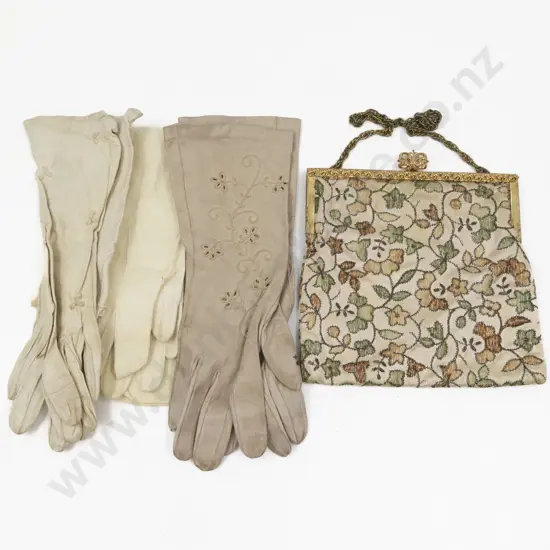 Vintage Evening Cloth Purse and Three Pair Gloves
