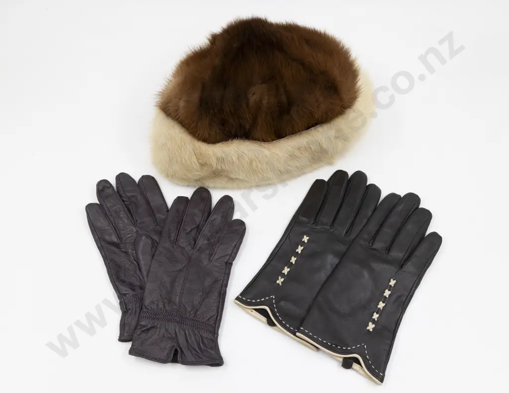 Mink Hat and Two Pair Leather Gloves Image 1++