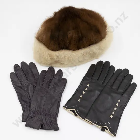 Mink Hat and Two Pair Leather Gloves