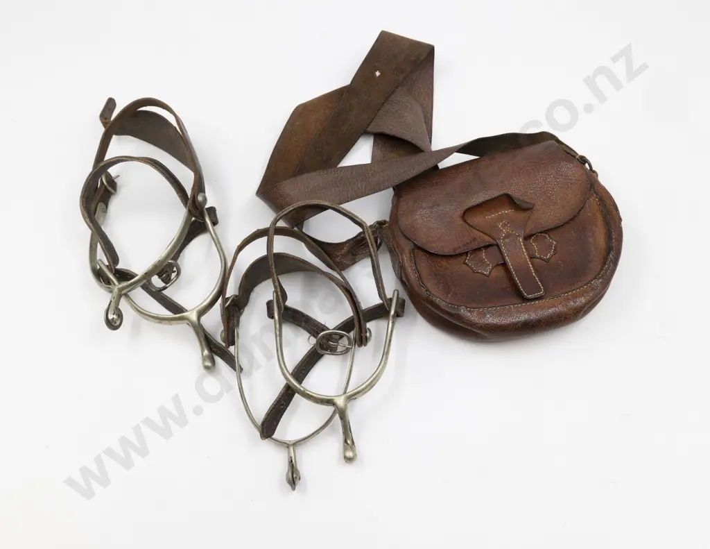Vintage Leather Saddle with Two Pair Spurs and Leather Pouch Image 1++