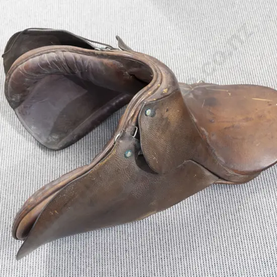 Vintage Leather Saddle with Two Pair Spurs and Leather Pouch