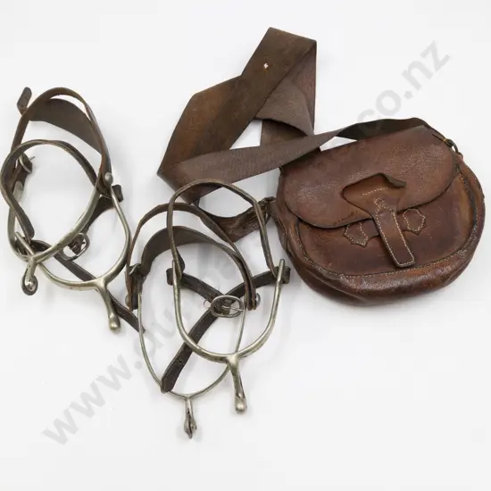 Vintage Leather Saddle with Two Pair Spurs and Leather Pouch