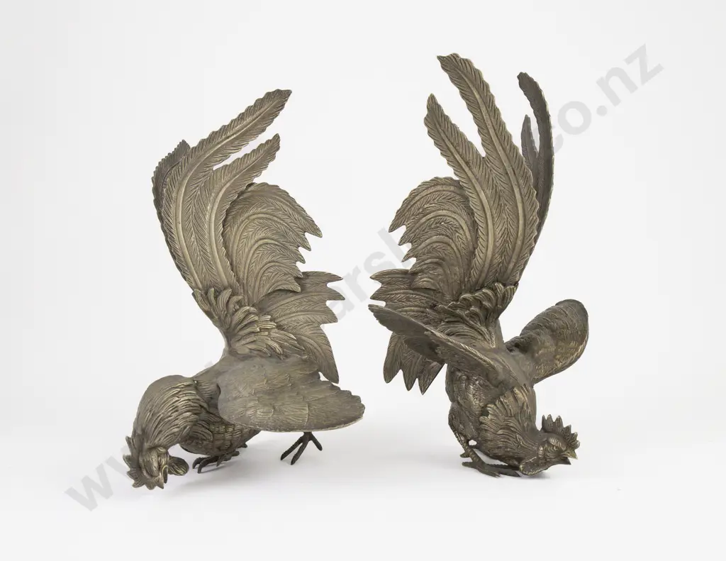 Pair Of S/P Fighting Cock Table Ornaments & Smaller Pair Image 1++
