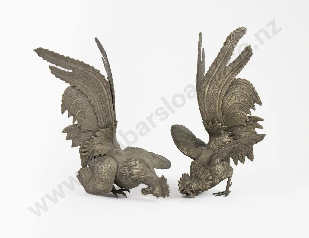 Pair Of S/P Fighting Cock Table Ornaments & Smaller Pair Image 1++