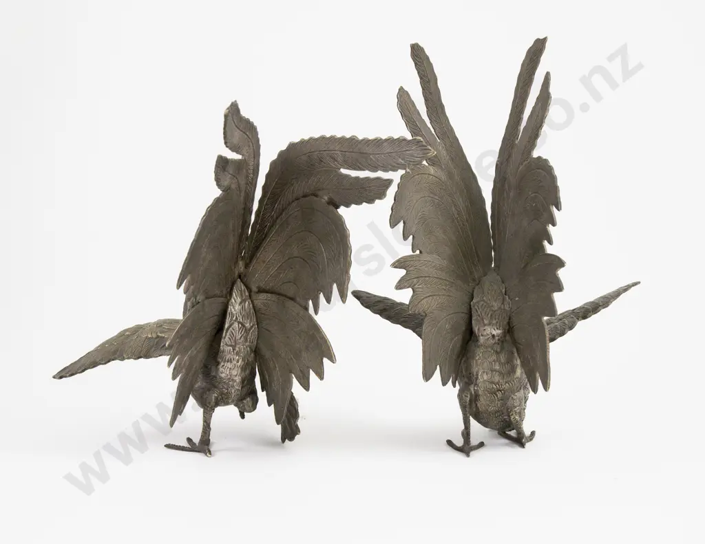 Pair Of S/P Fighting Cock Table Ornaments & Smaller Pair Image 1++