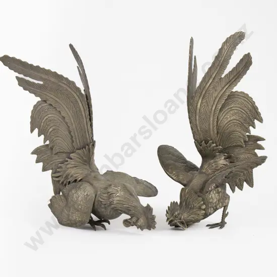 Pair Of S/P Fighting Cock Table Ornaments & Smaller Pair