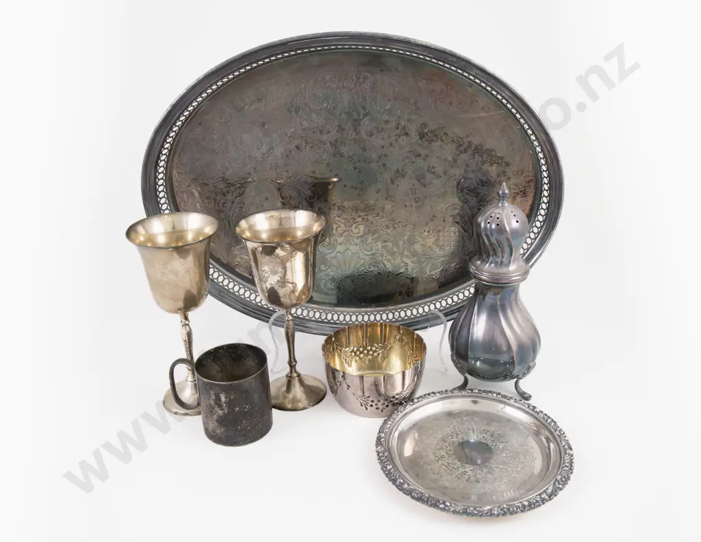 Plated Oval Drinks Tray, Card Tray, Sugar Caster, Sugar Bowl, Christening Mug & Pair Goblets Image 1++