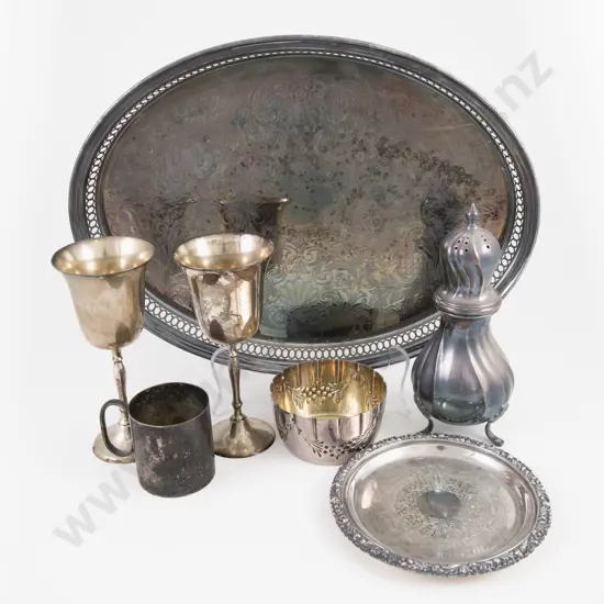 Plated Oval Drinks Tray, Card Tray, Sugar Caster, Sugar Bowl, Christening Mug & Pair Goblets
