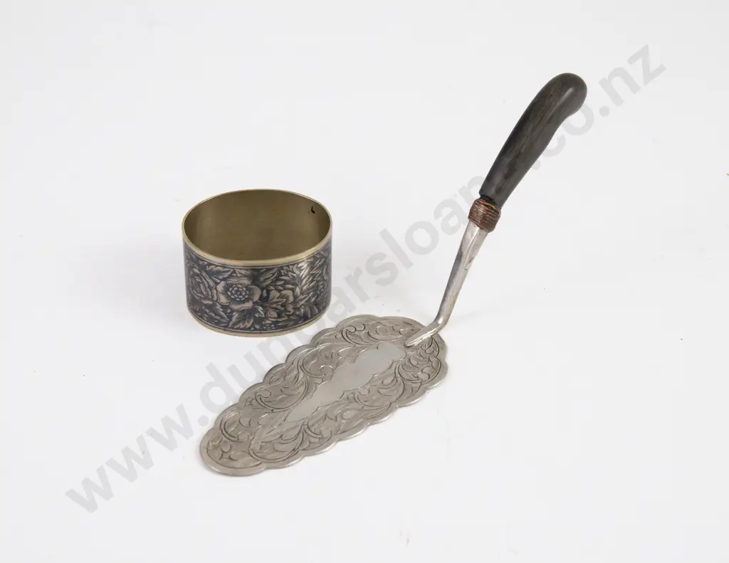 Unamarked Silver Cake Slice & Silver & Niello Work Napkin Ring Image 1++