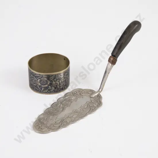 Unamarked Silver Cake Slice & Silver & Niello Work Napkin Ring