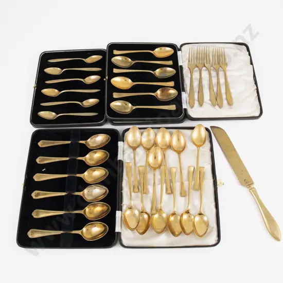 3 Cased Sets Of Gilded Tea & Coffee Spoons Plus Loose Spoons, Cake Forks & Knife