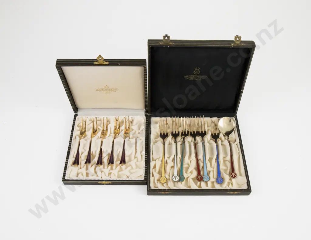 Cased Set Of 6 Norwegian S/S & Enamel Cake Forks & Jam Spoon Image 1++
