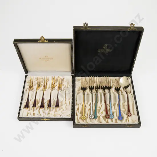 Cased Set Of 6 Norwegian S/S & Enamel Cake Forks & Jam Spoon