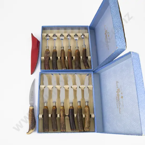 Boxed Set Of 6 Antler Handled Steak Knives & 6 Forks Plus Other Single Knife
